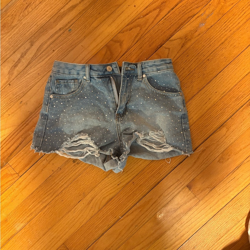 Denim Distressed Women's Shorts with Rhinestones
